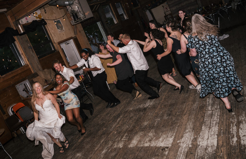 Indoor Wedding Reception with Flash and a diverse conga line